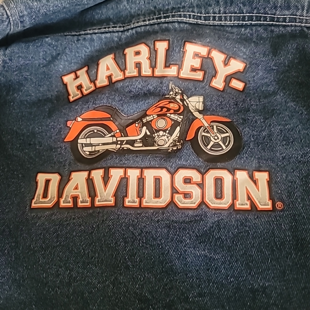 Harley Davidson Youths Button Up Jean Jacket Size L 12/14 Blue Graphic Motorcycl